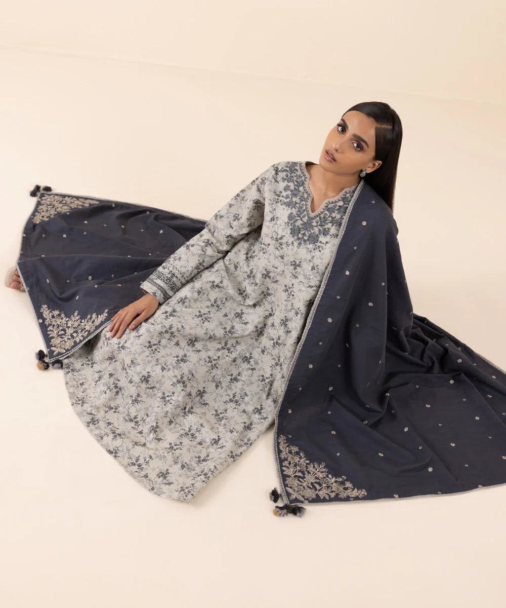 Sapphire Embroidered Khaddar With Embroidered Shawl Three Piece Suit SP-KHD-GRY03