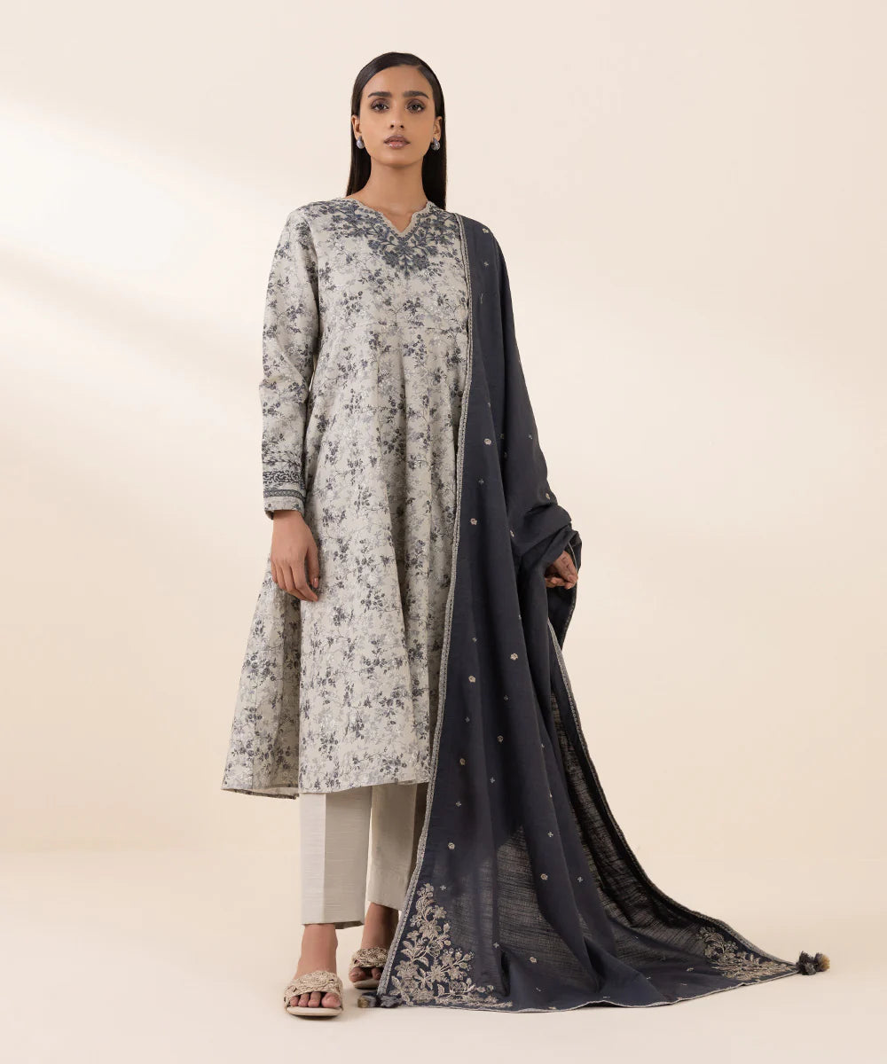 Sapphire Embroidered Khaddar With Embroidered Shawl Three Piece Suit SP-KHD-GRY03