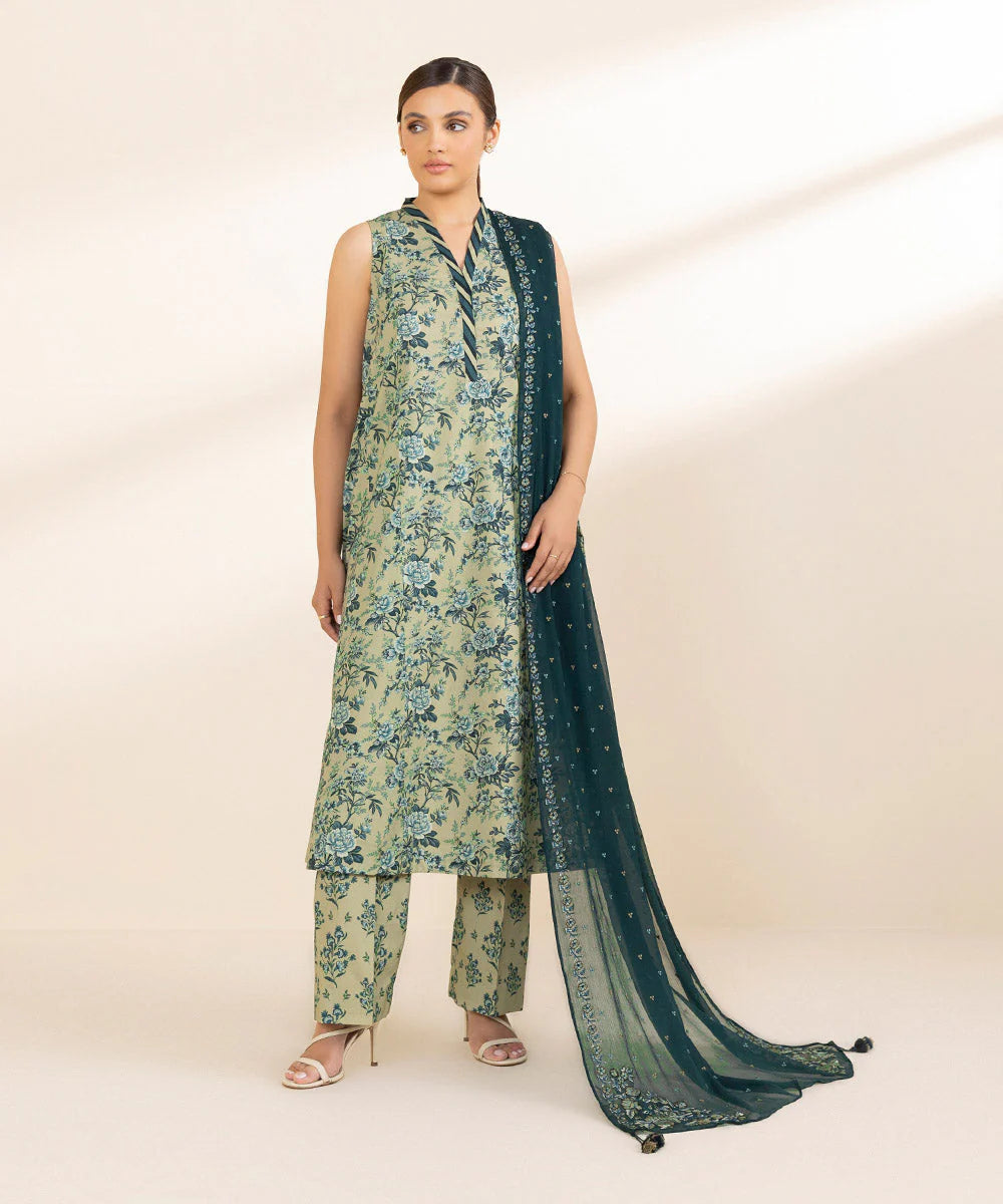 Sapphire Cotton Embroided With Chifoon Dupatta SP-LWN-GR010