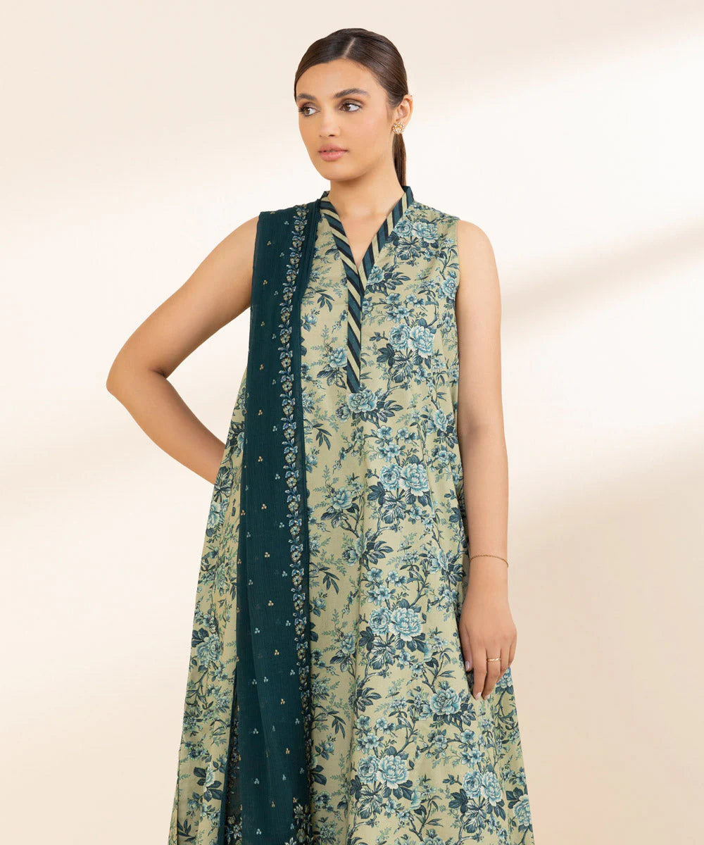 Sapphire Cotton Embroided With Chifoon Dupatta SP-LWN-GR010