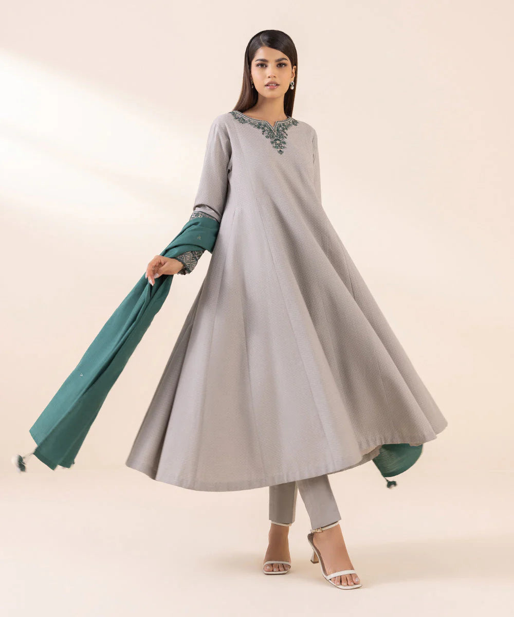 Sapphire Dobby Three Piece Suit With Shawl SP-DB-GRY01
