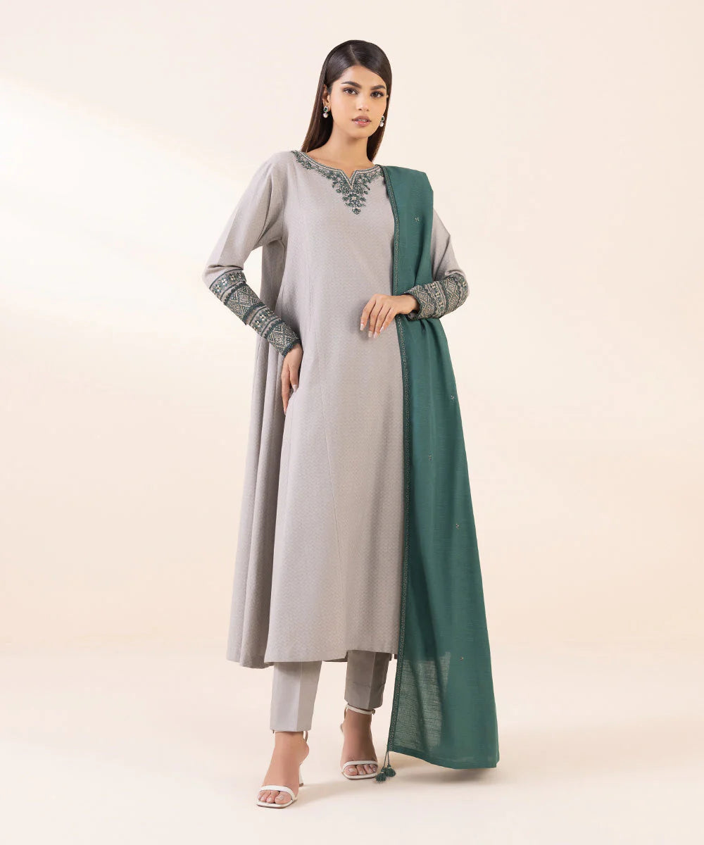 Sapphire Dobby Three Piece Suit With Shawl SP-DB-GRY01