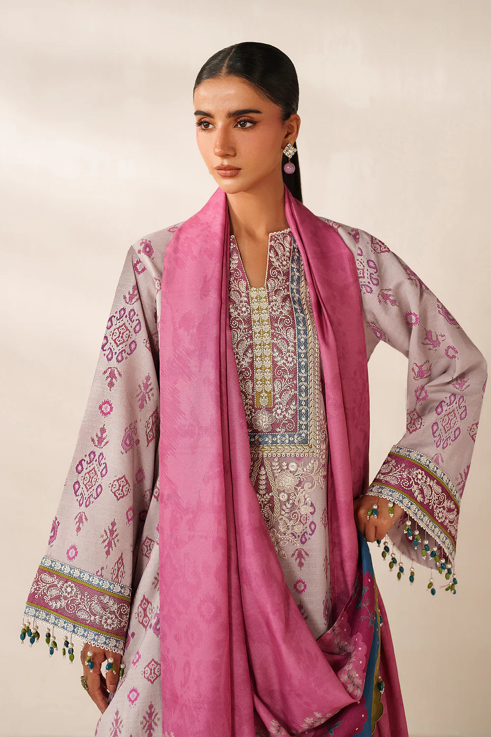 Baroque Embroidered Viscose Linen Three Piece Suit BR-VC-PNK04