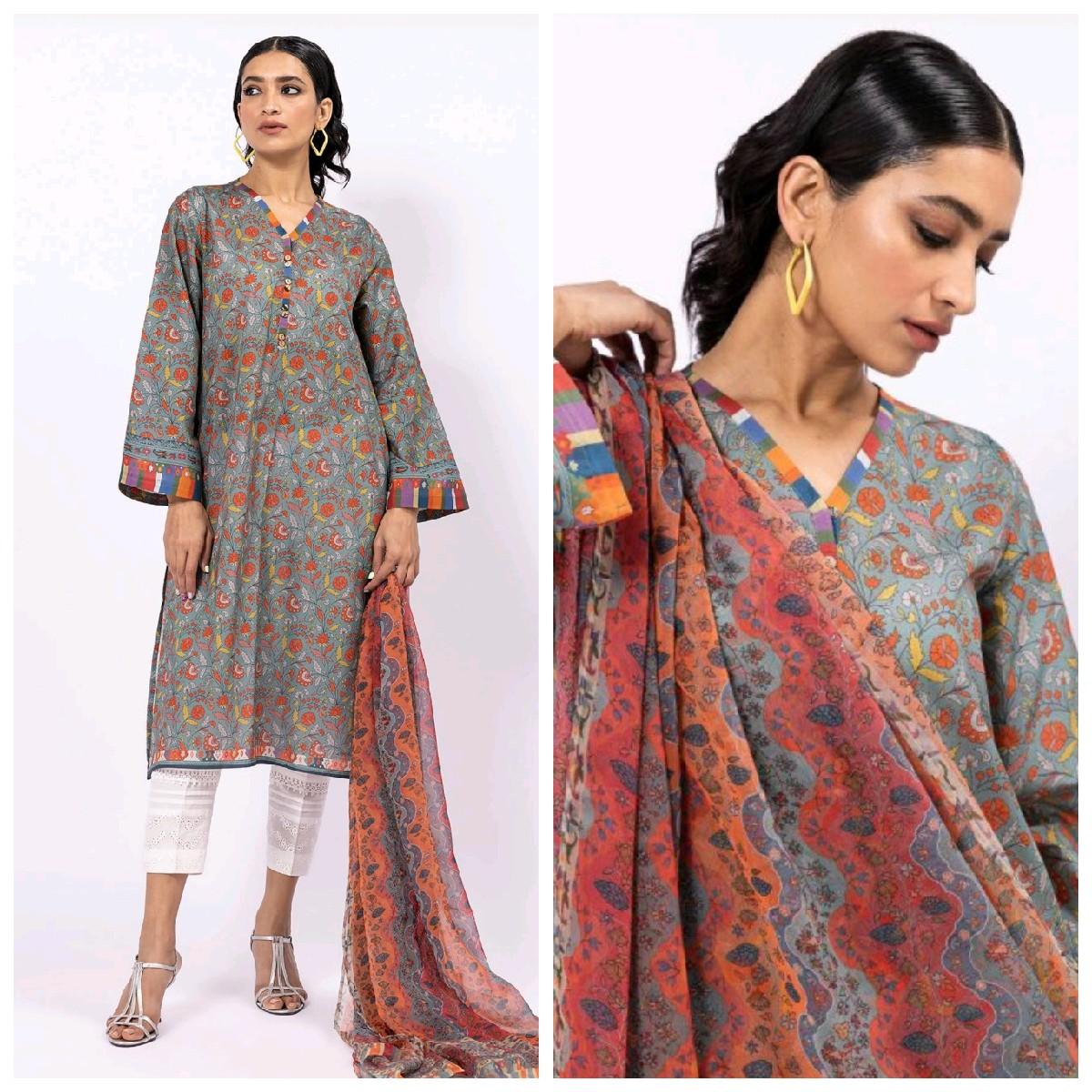 khaadi lawn summer tailored stiched Pakistani trouser kameez dupatta Traditional Clothing