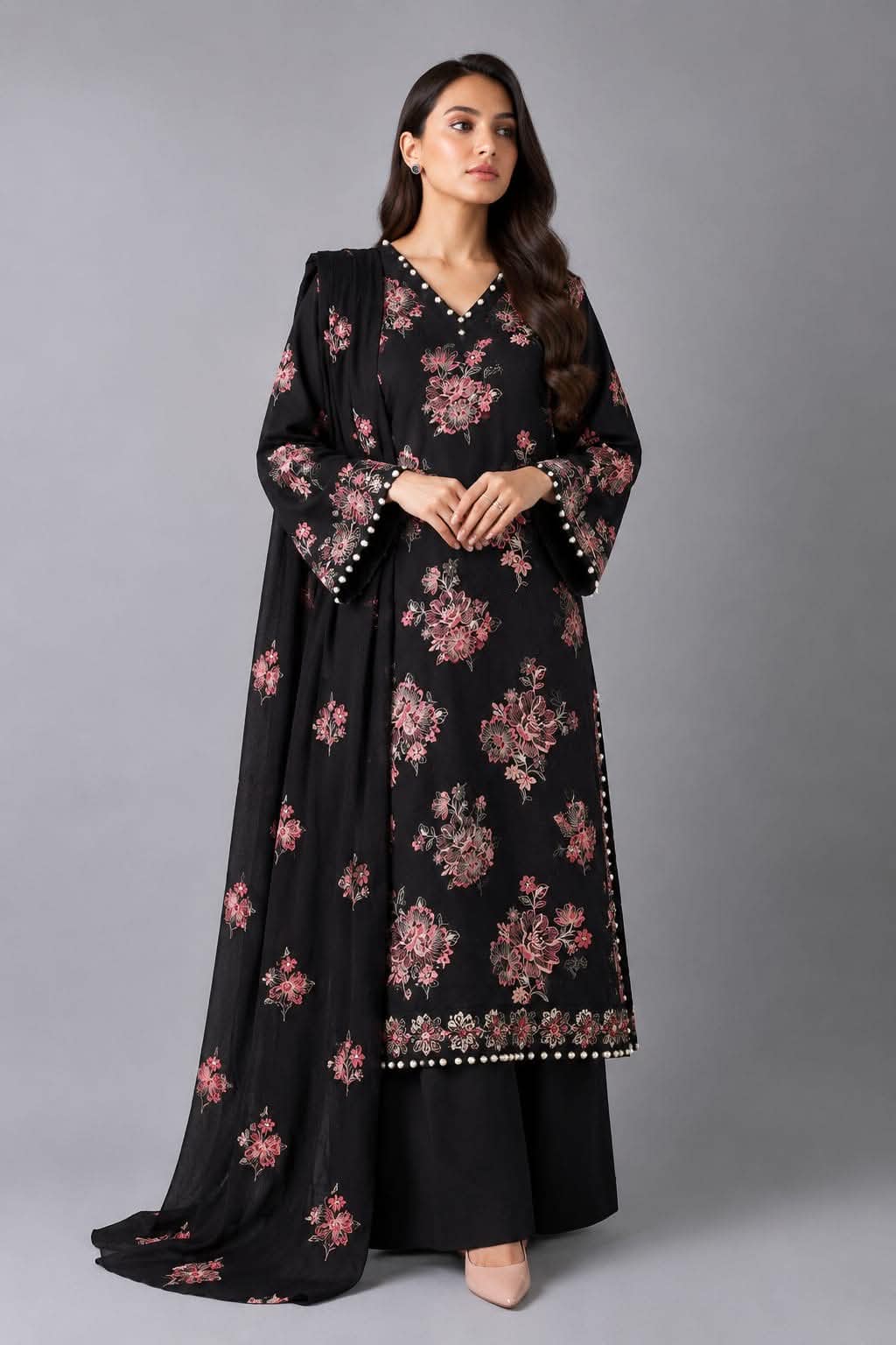 Uznau Winter Warm Embroidered Marina Three Piece Suit UZ-MR-BLK018