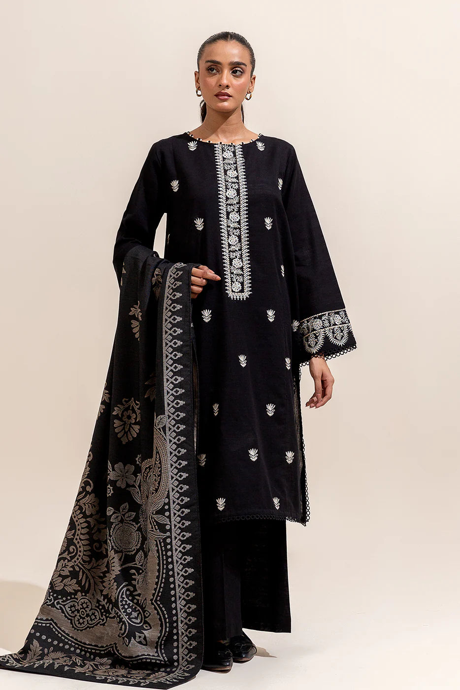 Beechtree Khaddar Three Piece With Shawl BT-KHD-BLK03