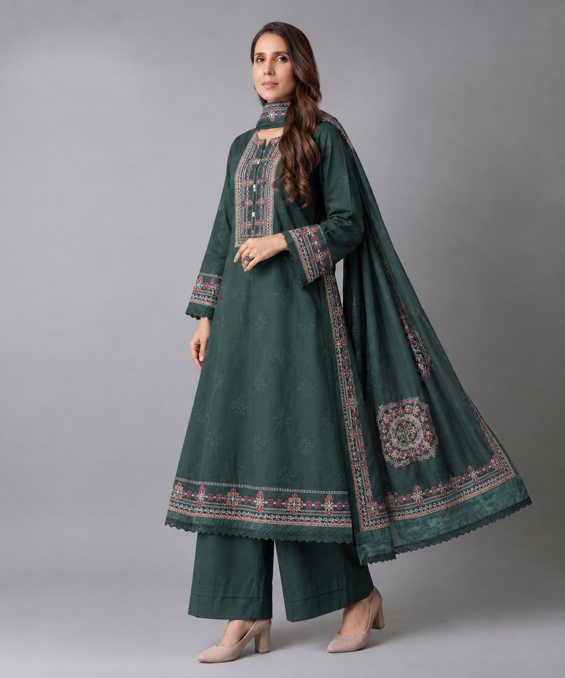Uznau Embroidered Pashmina Three Piece Suit UZ-PSH-GR01