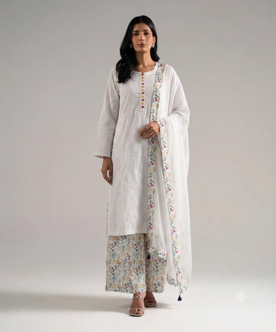 Uznau Embroidered Lawn Three Piece Suit UZ-LWN-WHT022