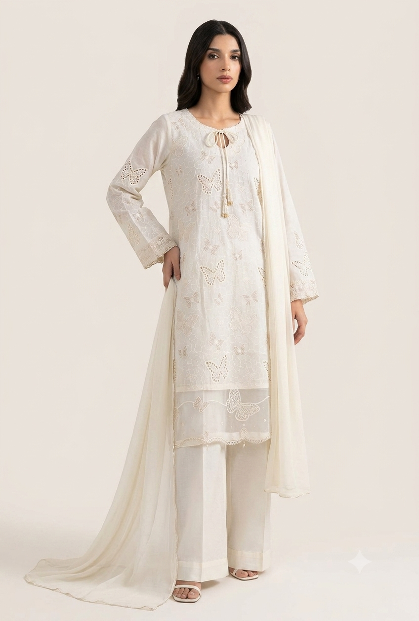 Uznau Embroidered Lawn Three Piece Suit UZ-LWN-WHT023