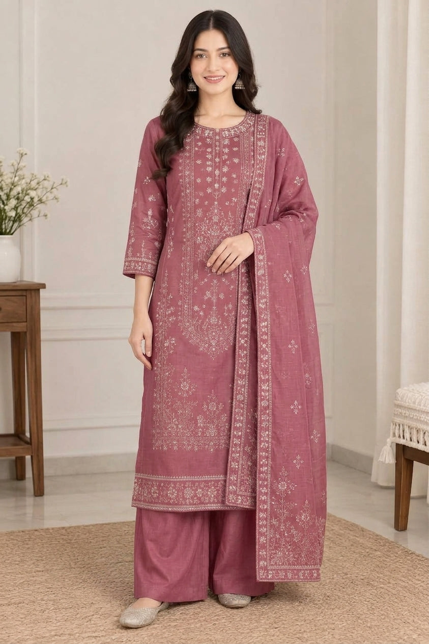 Uznau Embroidered Marina Three Piece Suit UZ-MR-PNK05