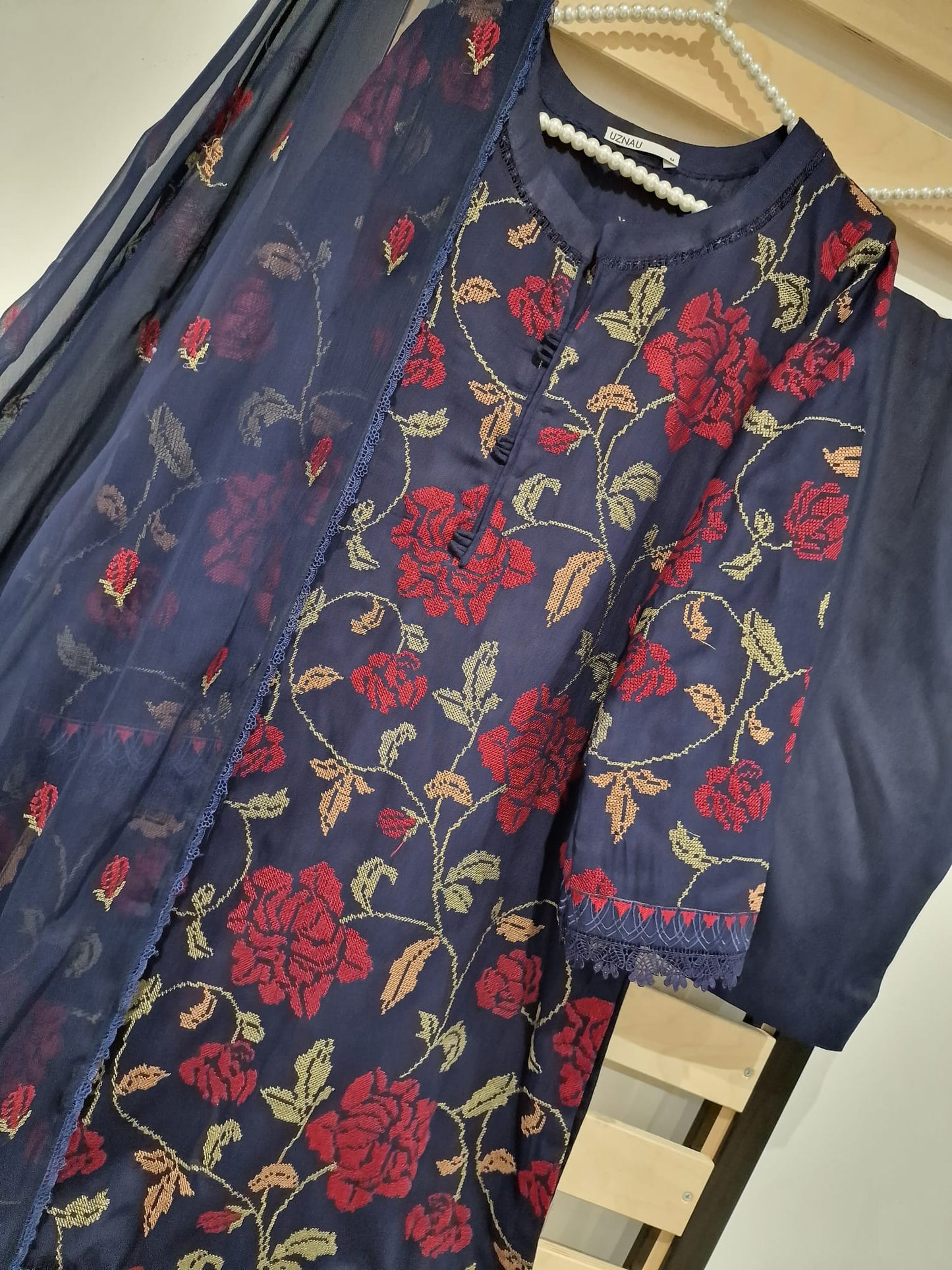 Uznau Embroided Kranadi Three Piece Suit UZ-KR-EMBBLU01