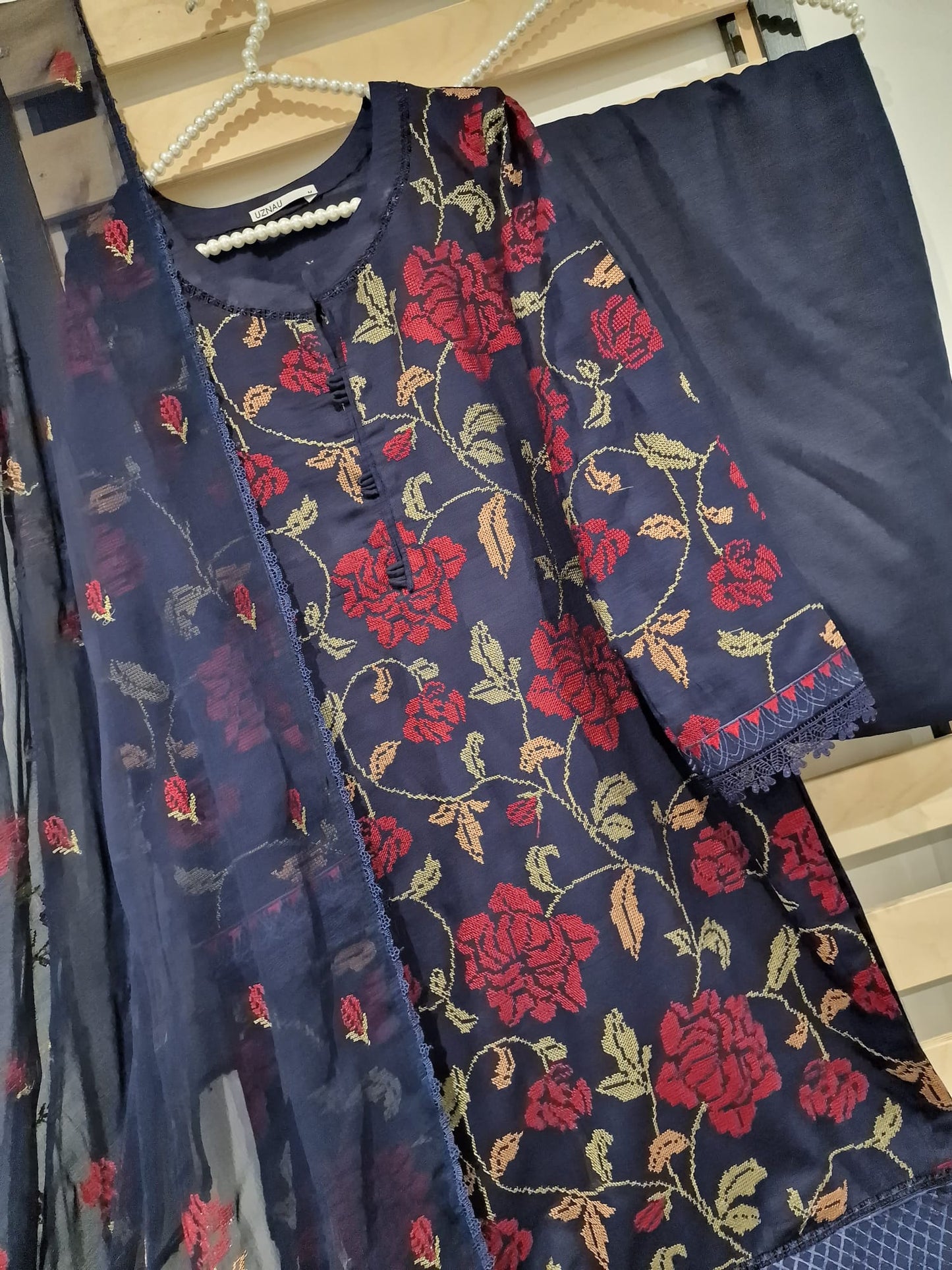 Uznau Embroided Kranadi Three Piece Suit UZ-KR-EMBBLU01