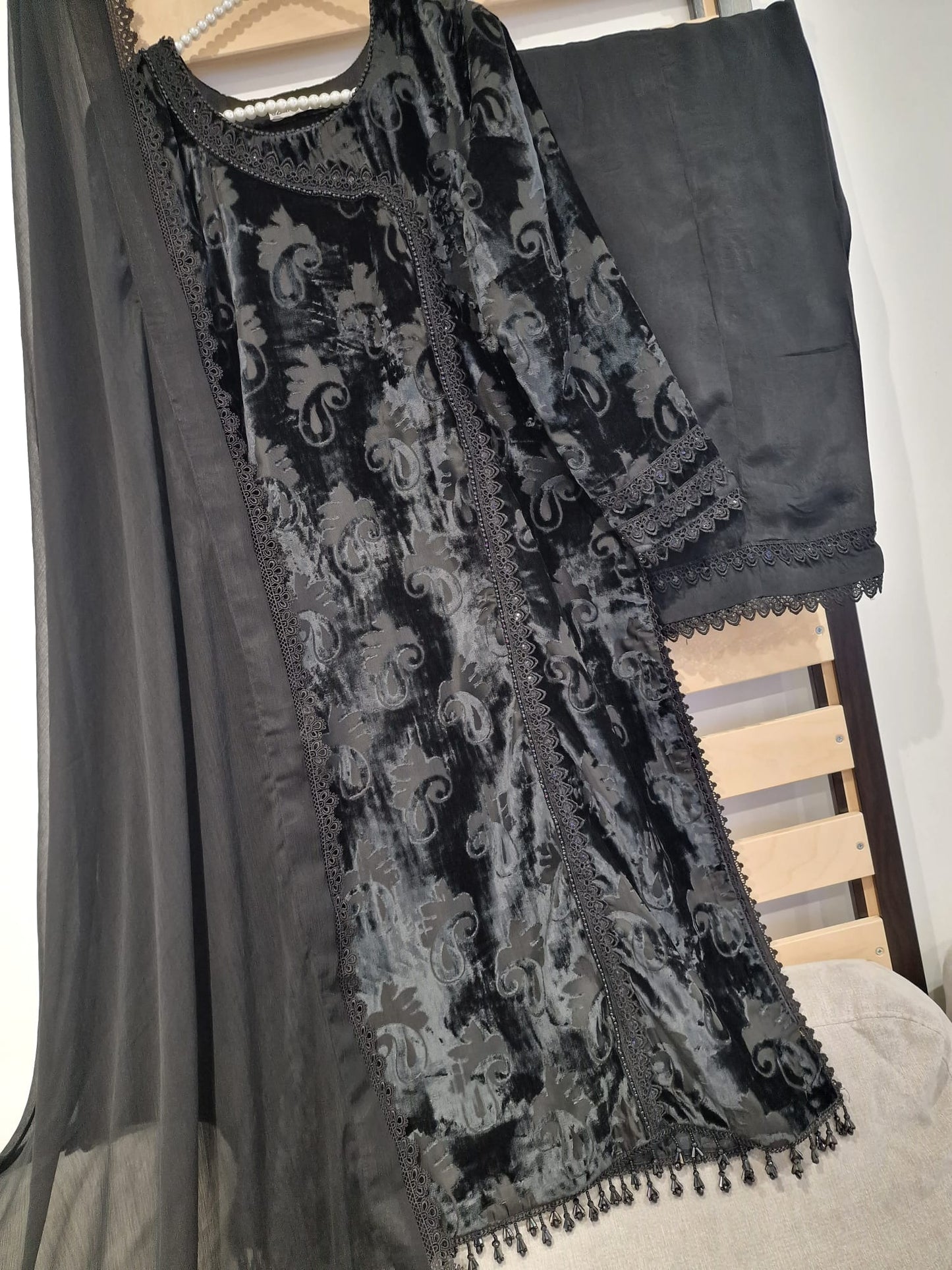 Uznau Palachi Velvet With Raw Silk Trouser And Chiffon Dupatta UZ-VL-BLK01