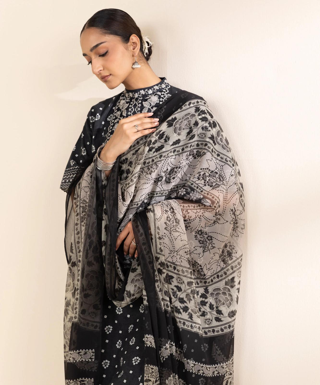 Sapphire Embroided Cotton Three Piece Suit SP-LWN-BLK018
