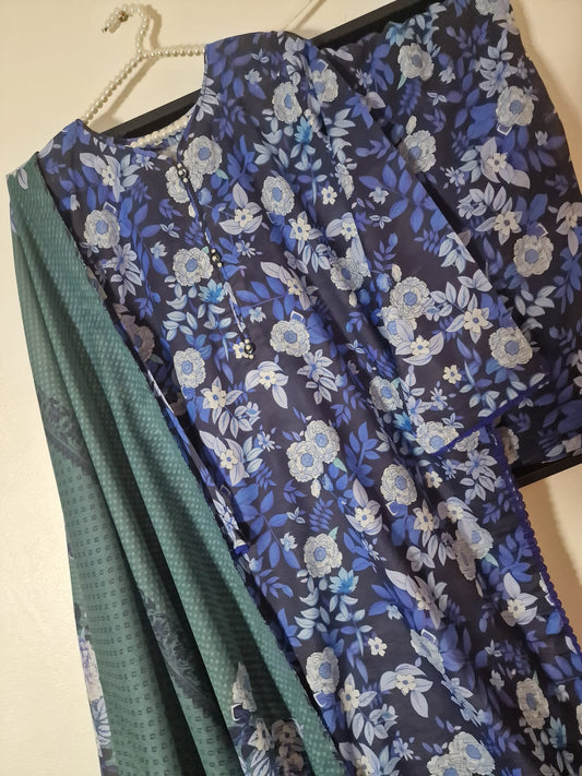 Uznau Lawn Summer Kameez Trouser Dupatta Traditional Outfit UZ-LWN-BLU09