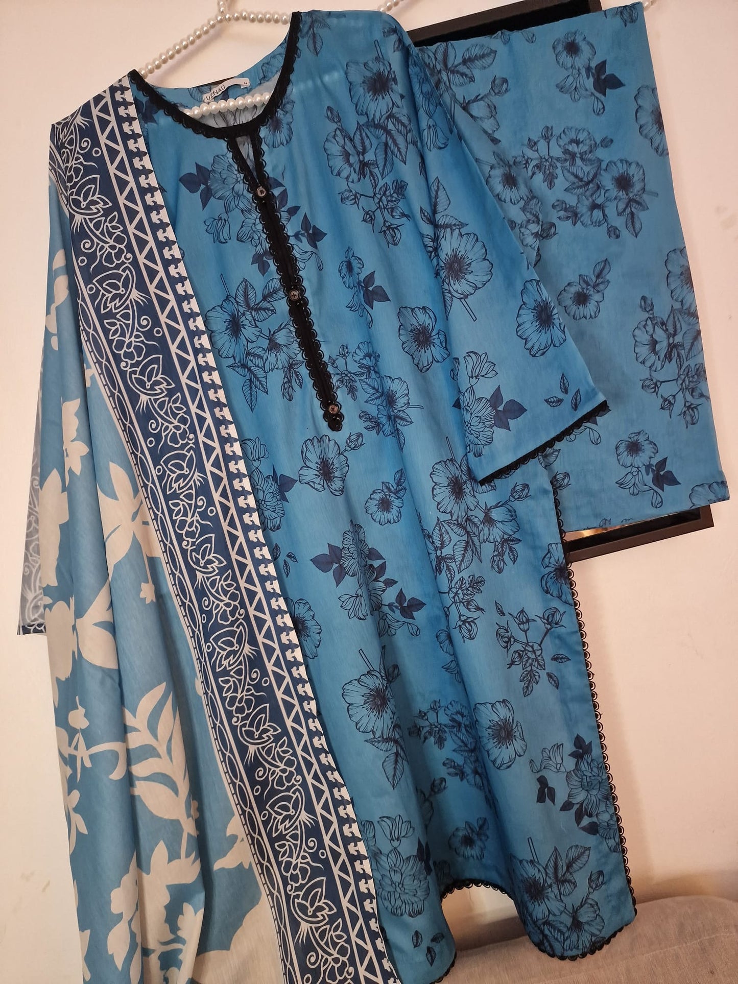 Uznau Summer Lawn Shirt Trouser Dupatta Traditional Outfit UZ-LWN-BLU010