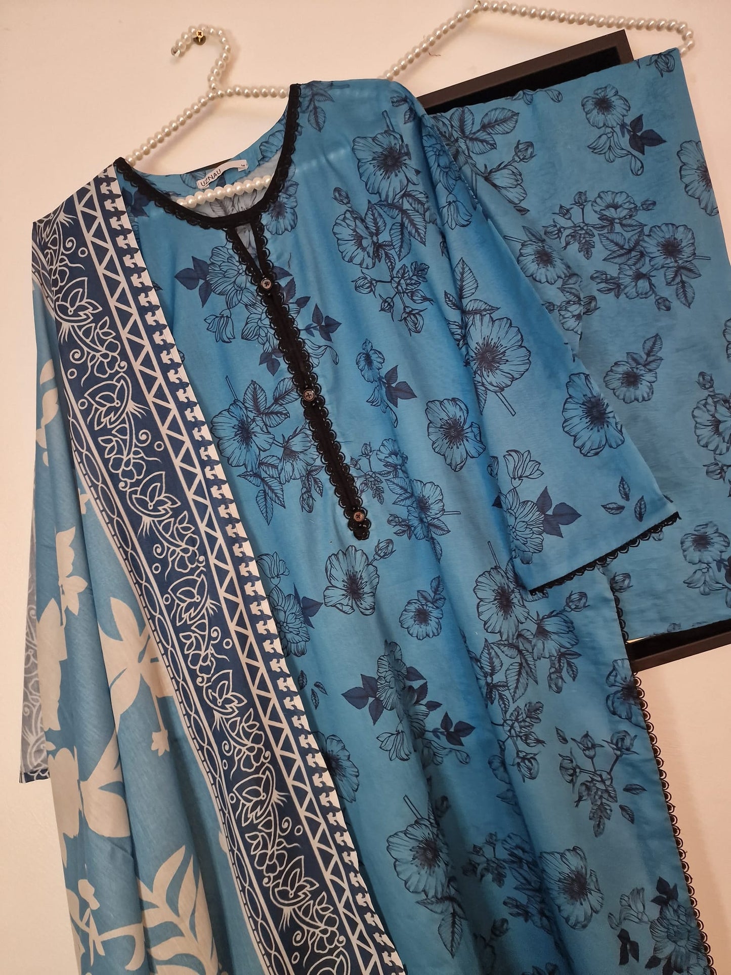Uznau Summer Lawn Shirt Trouser Dupatta Traditional Outfit UZ-LWN-BLU010