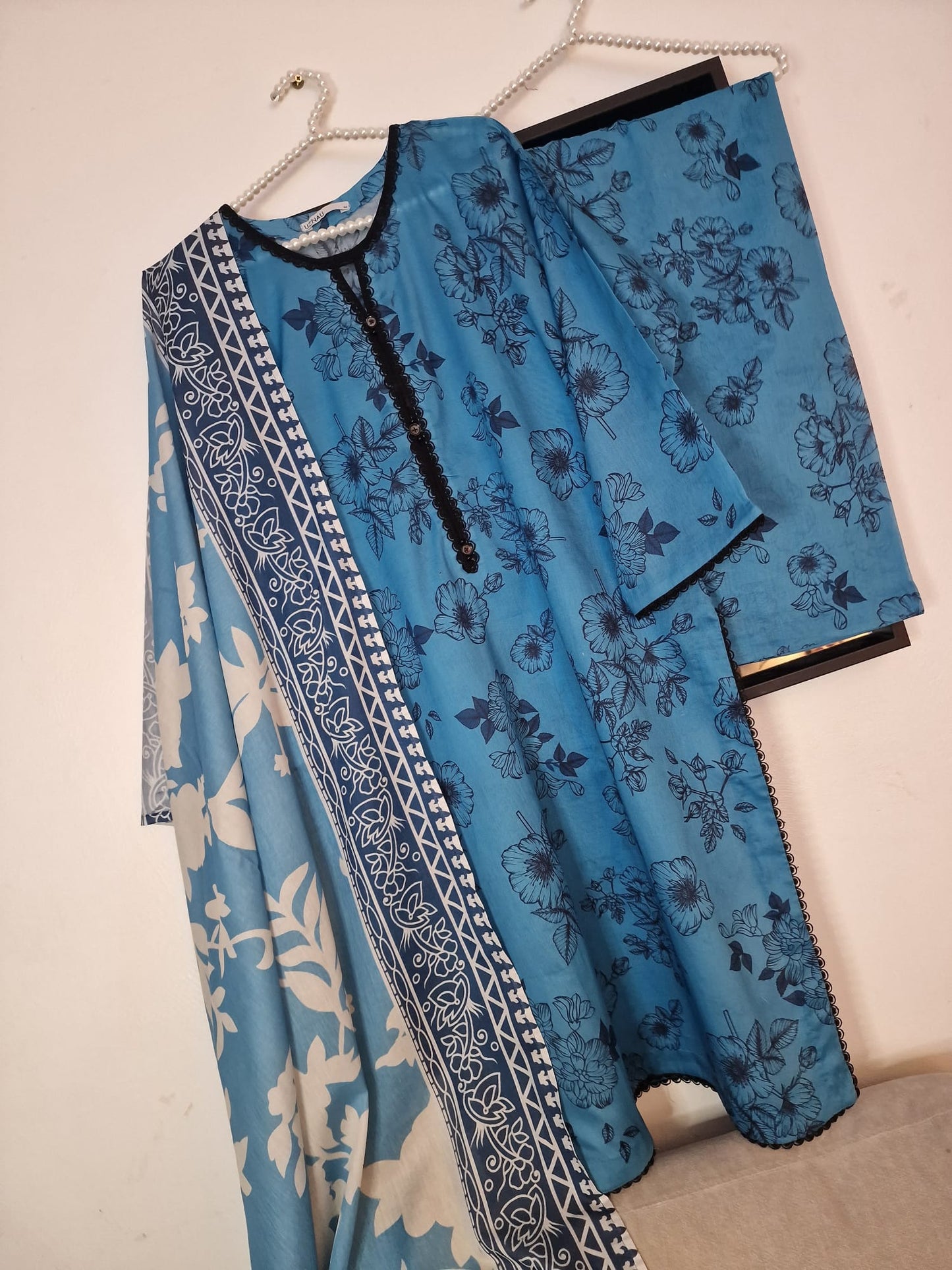 Uznau Summer Lawn Shirt Trouser Dupatta Traditional Outfit UZ-LWN-BLU010