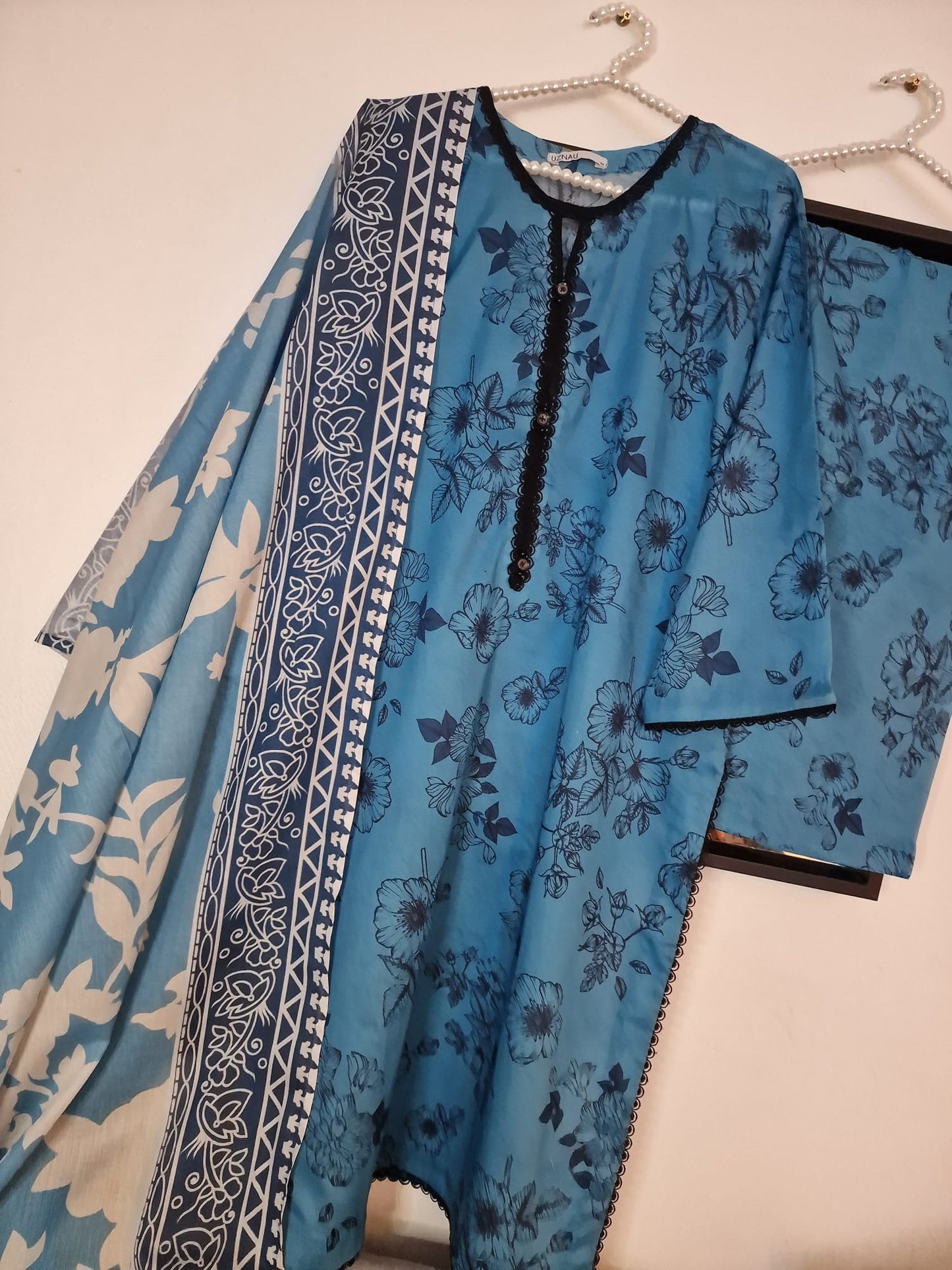 Uznau Summer Lawn Shirt Trouser Dupatta Traditional Outfit UZ-LWN-BLU010