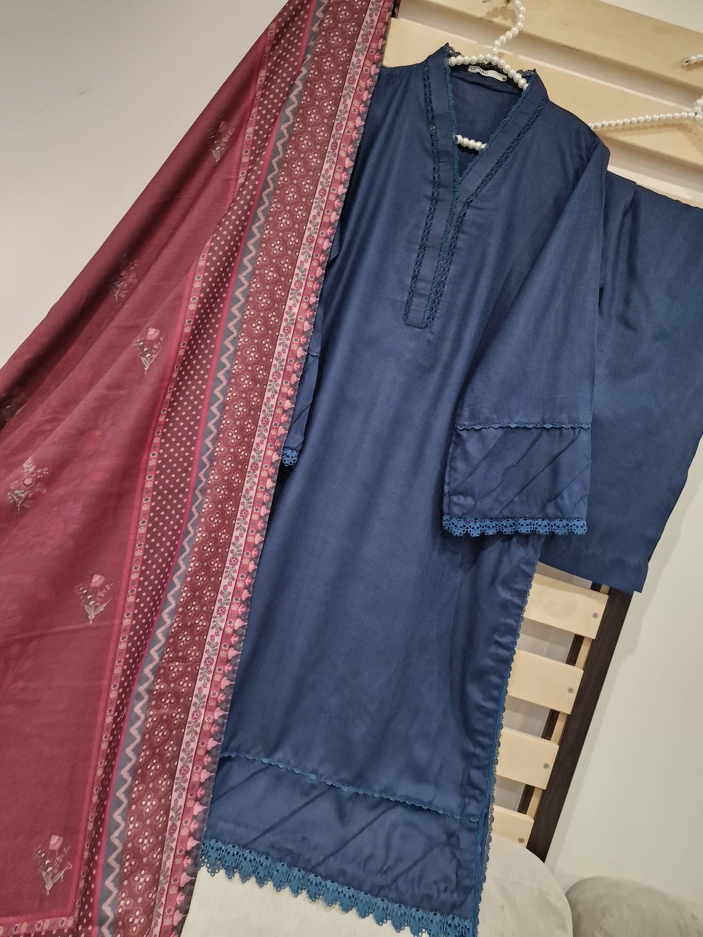 Uznau Marina Linen Three Piece Suit With Shawl UZ-WL-BLU01
