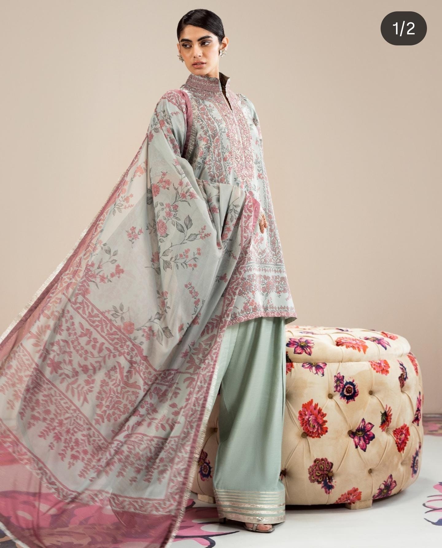 Sapphire Silk Three Piece Suit With Farshi Shalwar SP-SLK-GR01