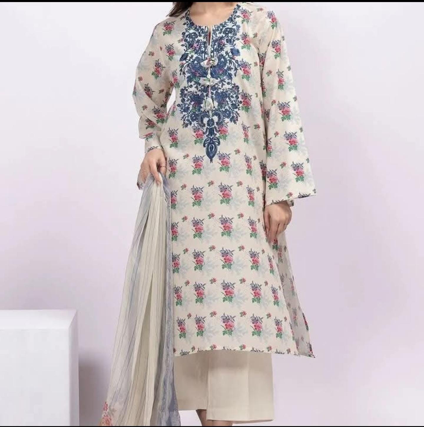 Khaadi Embroided Lawn Three Piece Suit KH-LWN-WHT03