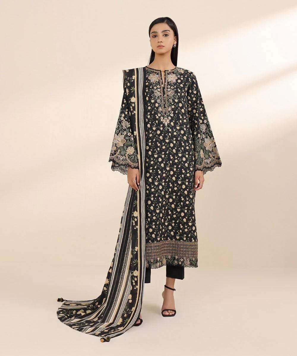 Sapphire Embroided Slub Linen Three Piece Suit SP-LNN-BLK05
