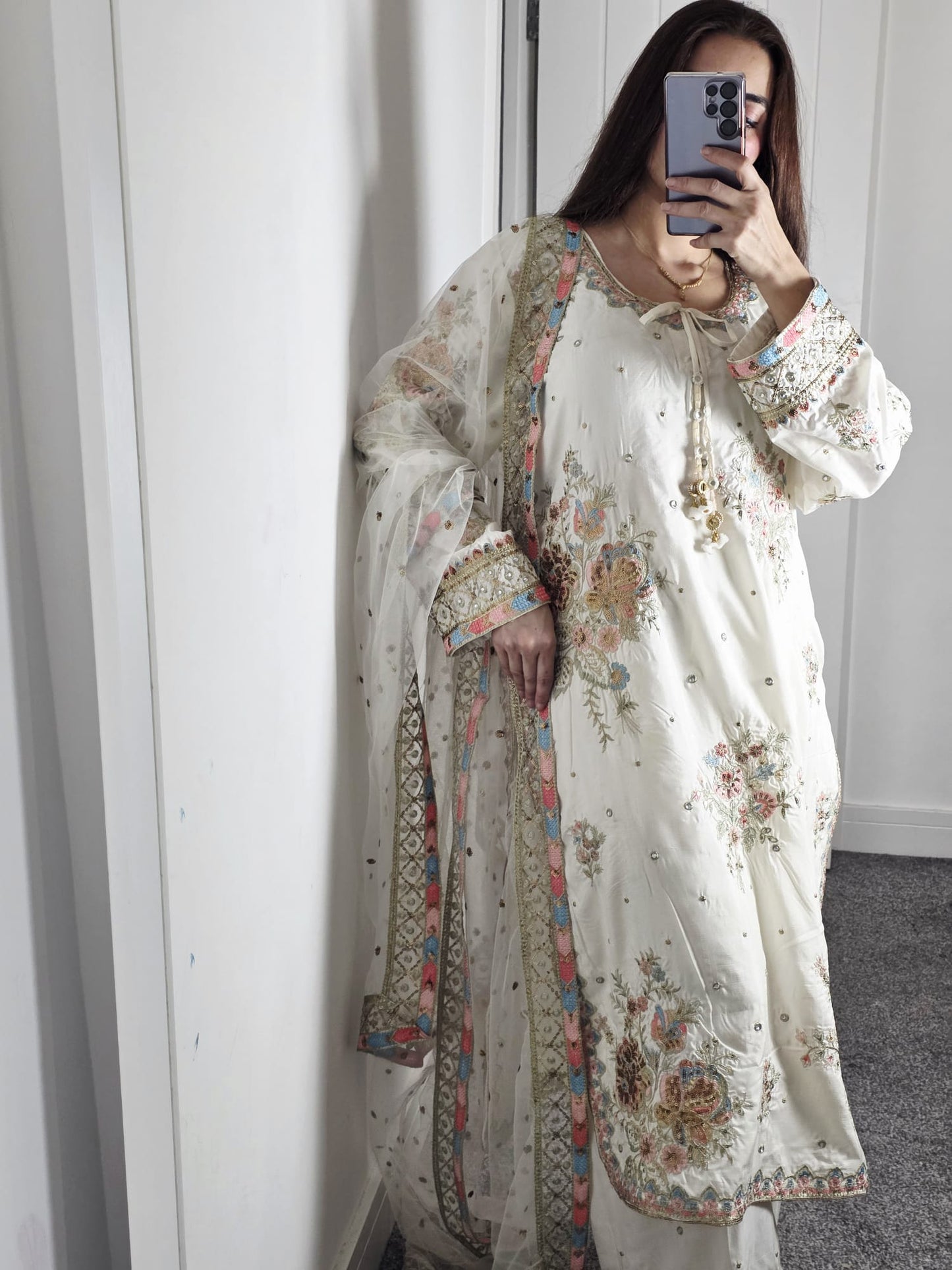 Uznau Embroidered Silk Three Piece Suit UZ-SLK-WHT01