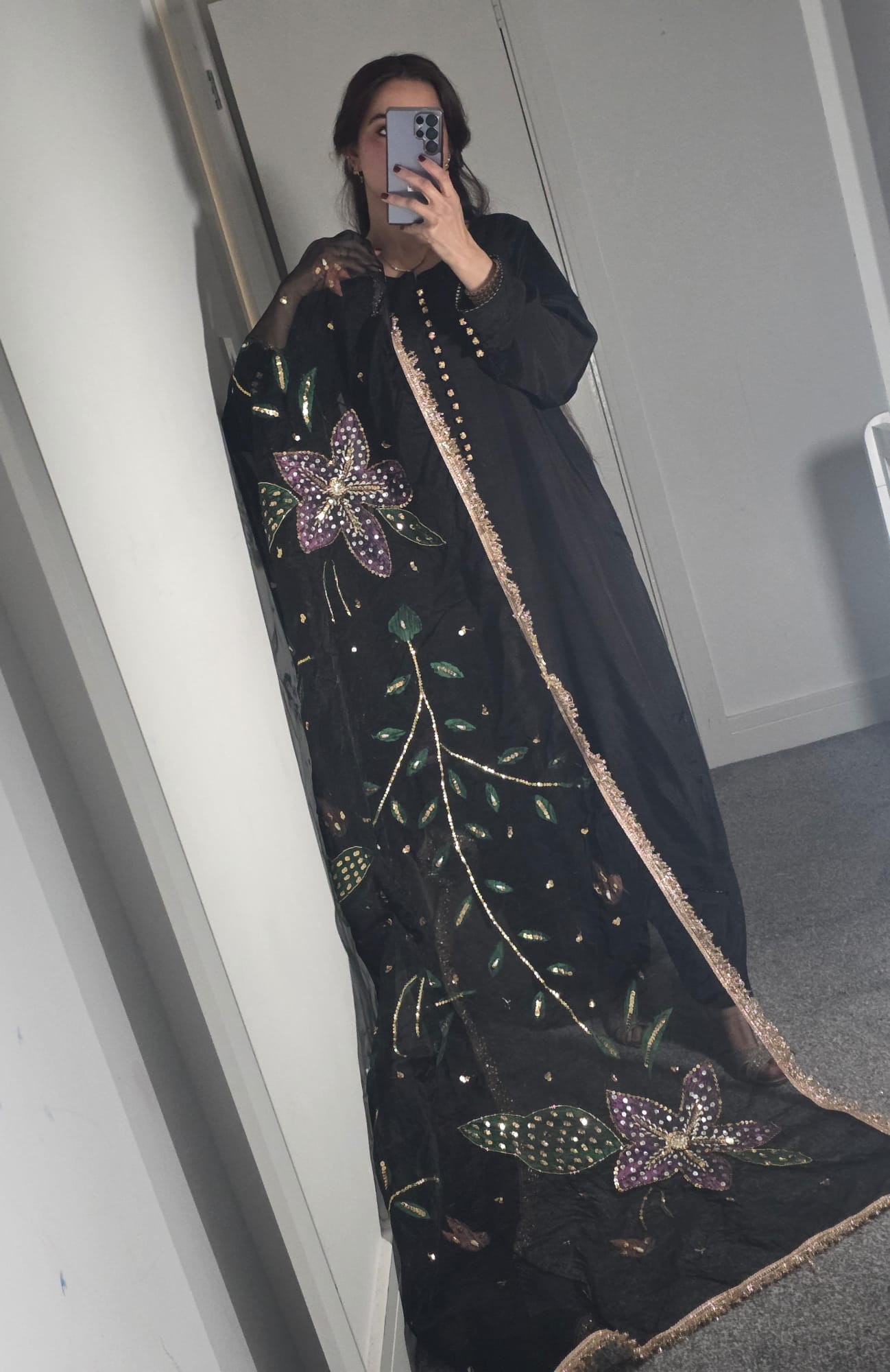 Uznau Silk Three Piece Suit With Hand Painted Organza Dupatta UZ-SLK-BLK06