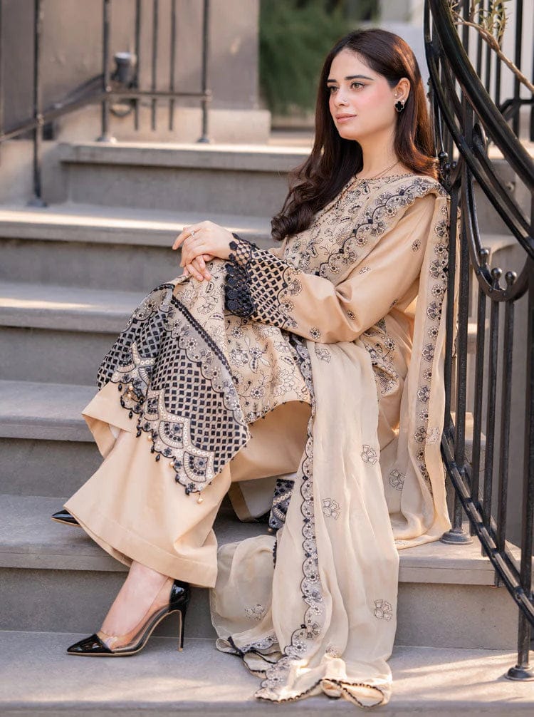 Uznau Embroidered Lawn With Chifoon Duapatta Three Piece Suit UZ-LWN-WHT012