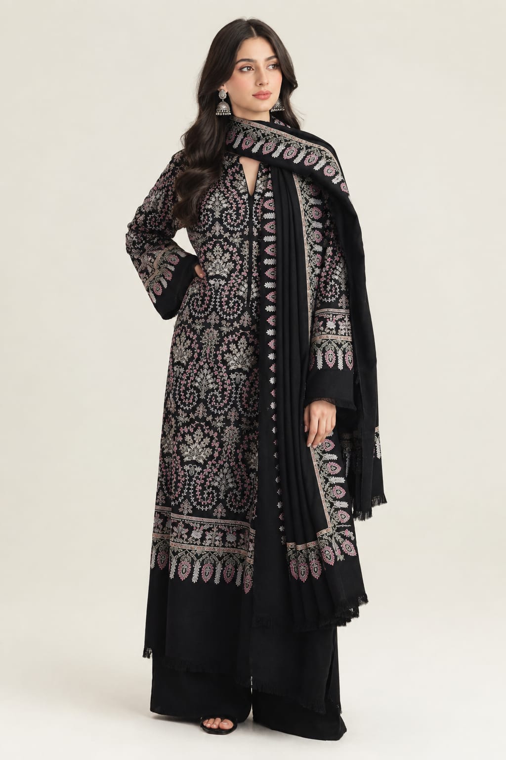 Uznau Embroidered Marina Three Piece Suit UZ-MR-BLK019