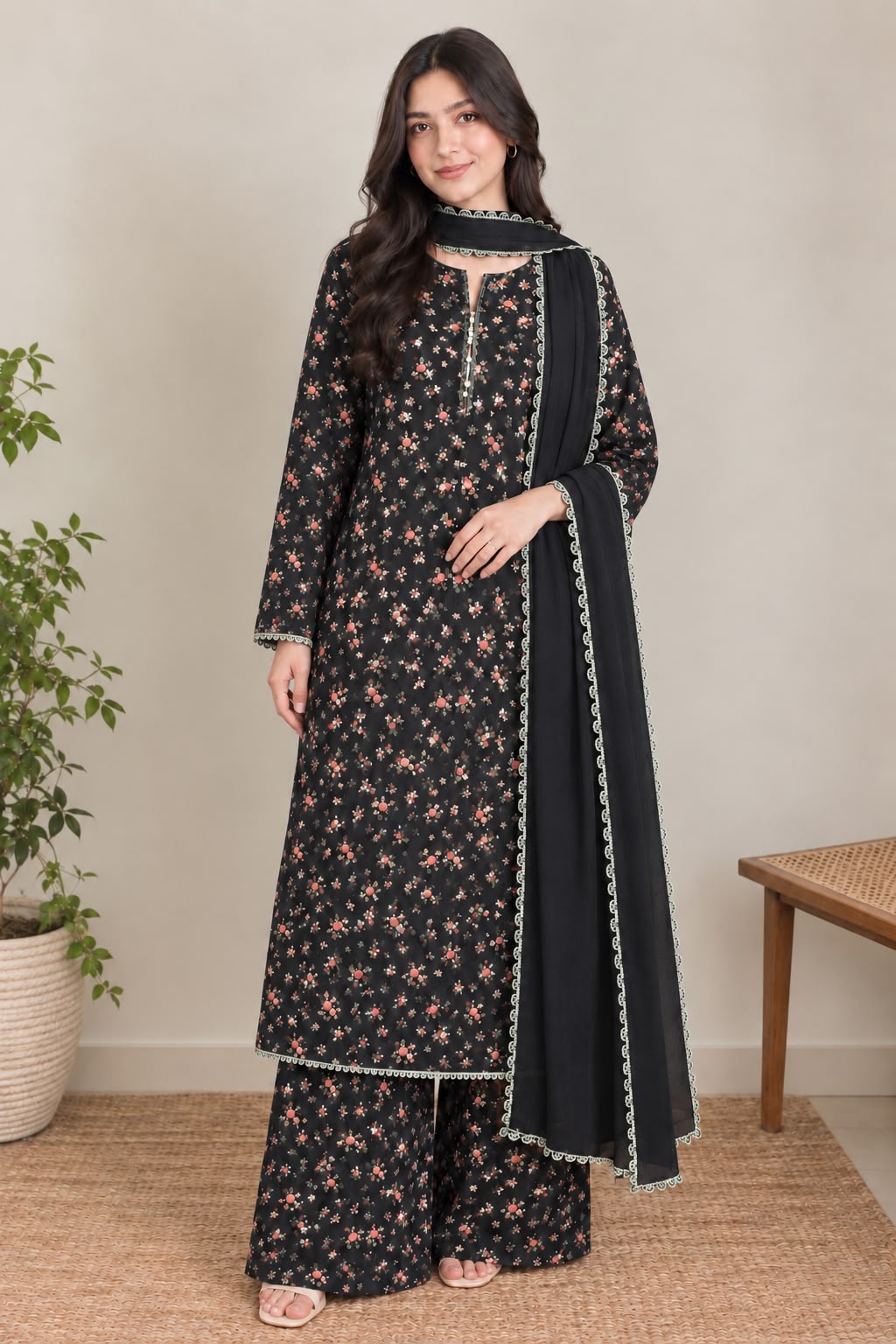 Uznau Linen Three Piece Suit UZ-LNN-BLK057