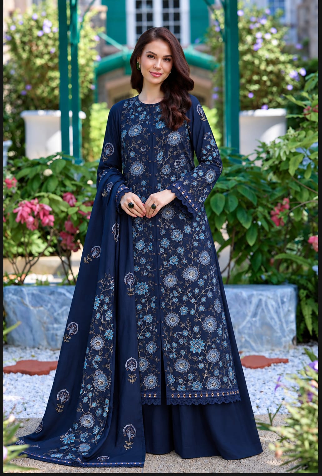 Uznau Embroidered Marina Three Piece Suit UZ-MR-BLU05