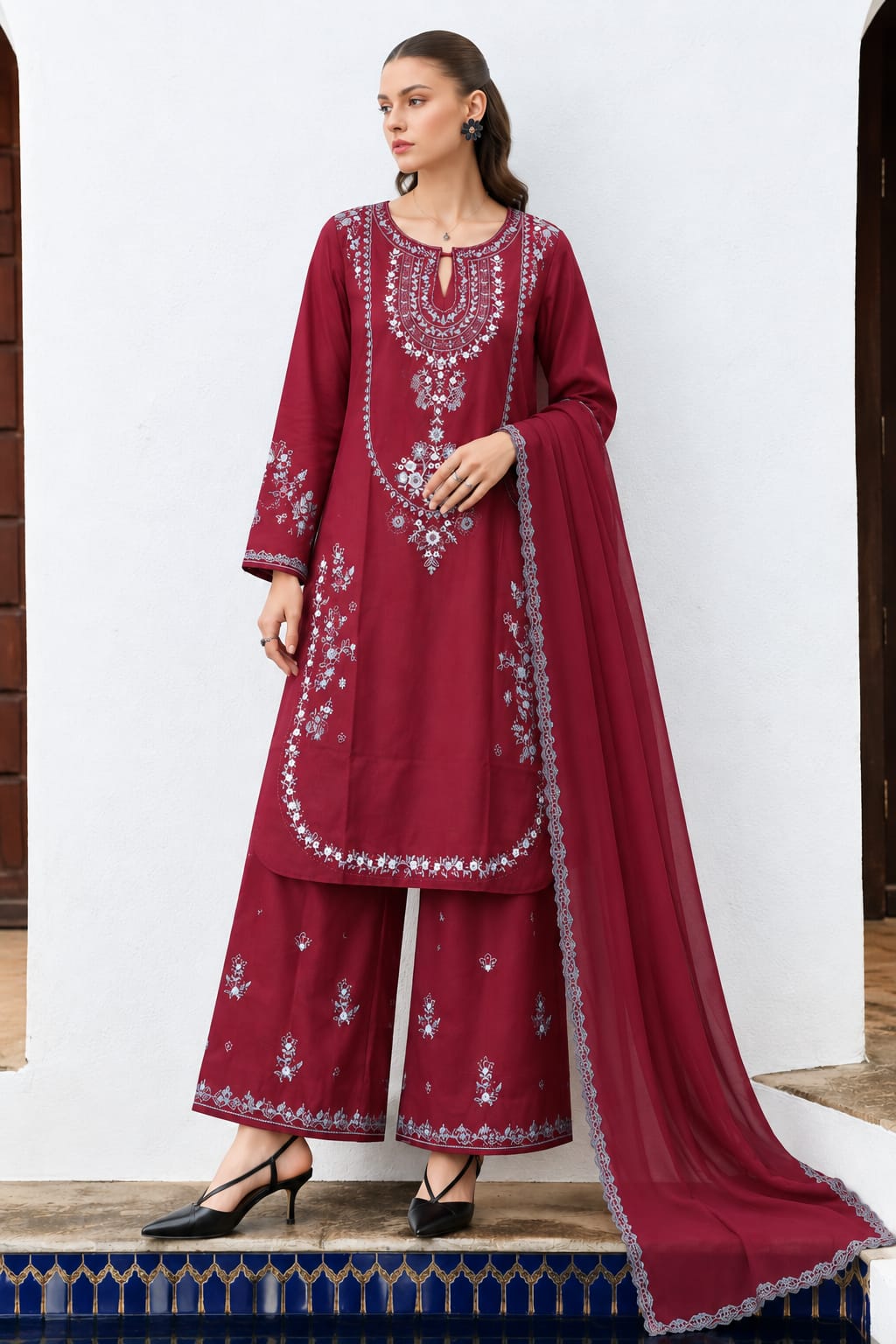 Uznau Embroidered Marina Three Piece Suit UZ-MR-RD06