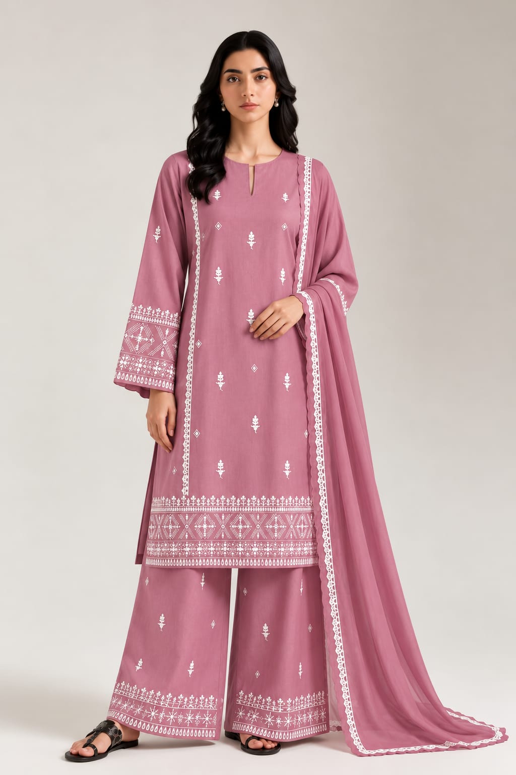 Uznau Embroidered Marina Three Piece Suit UZ-MR-PNK06