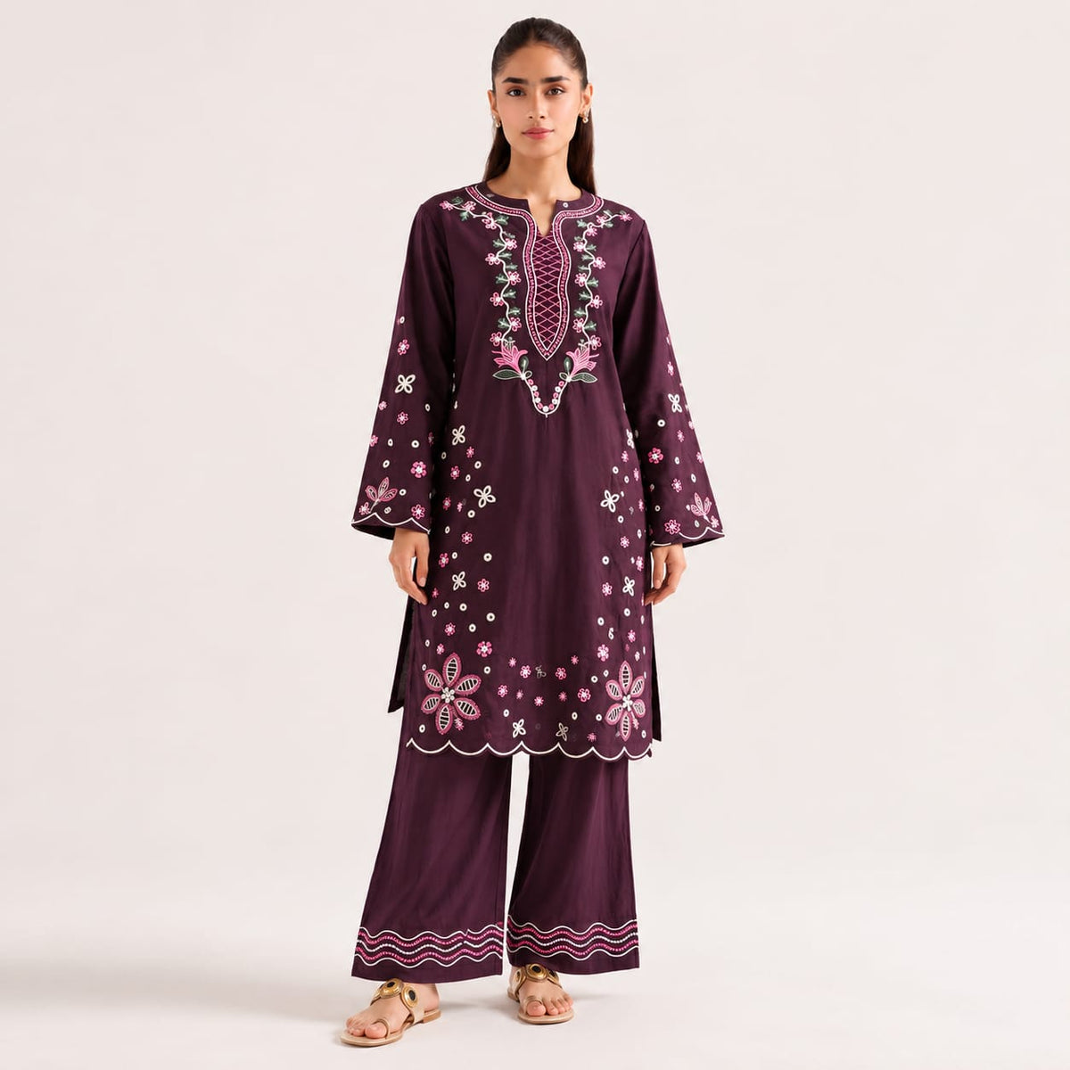 Uznau Embroidered Linen Two Piece Suit UZ-LNN-RD015
