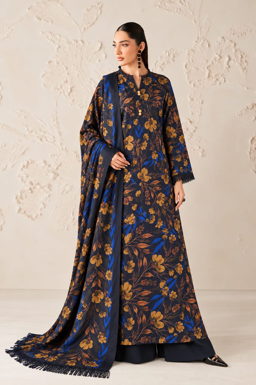 Uznau Printed Twill Marina Three Piece Suit With Woll Shawl UZ-MR-BR012