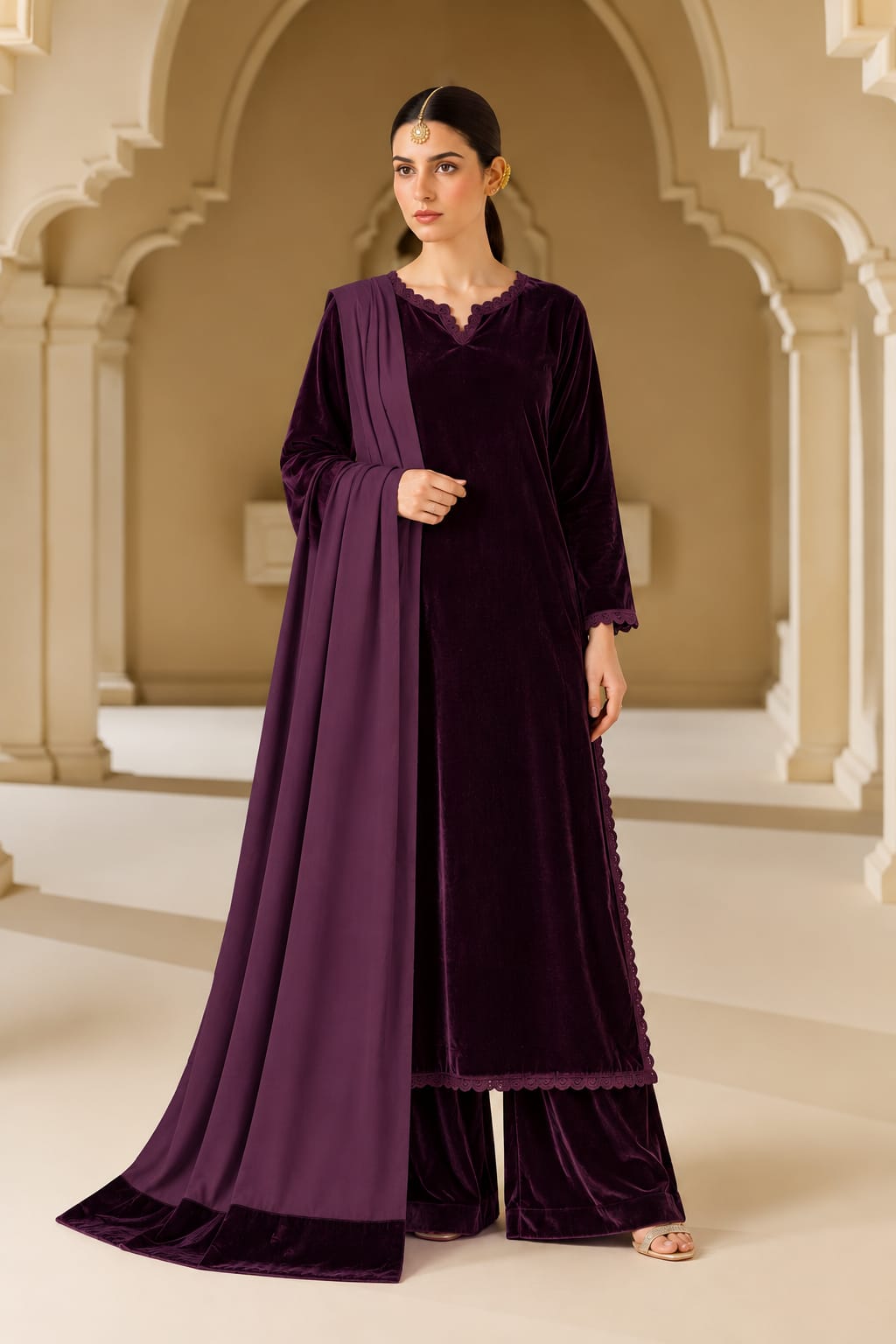 Uznau plum Three Piece Micro Velvet Suit UZ-VL-PRP02