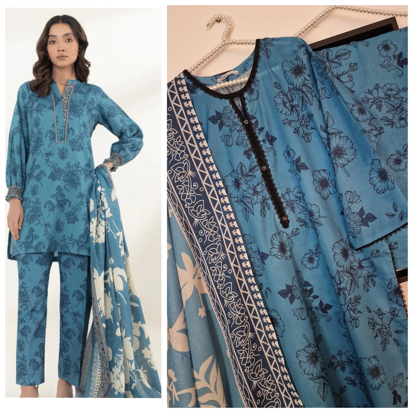 Uznau Summer Lawn Shirt Trouser Dupatta Traditional Outfit UZ-LWN-BLU010