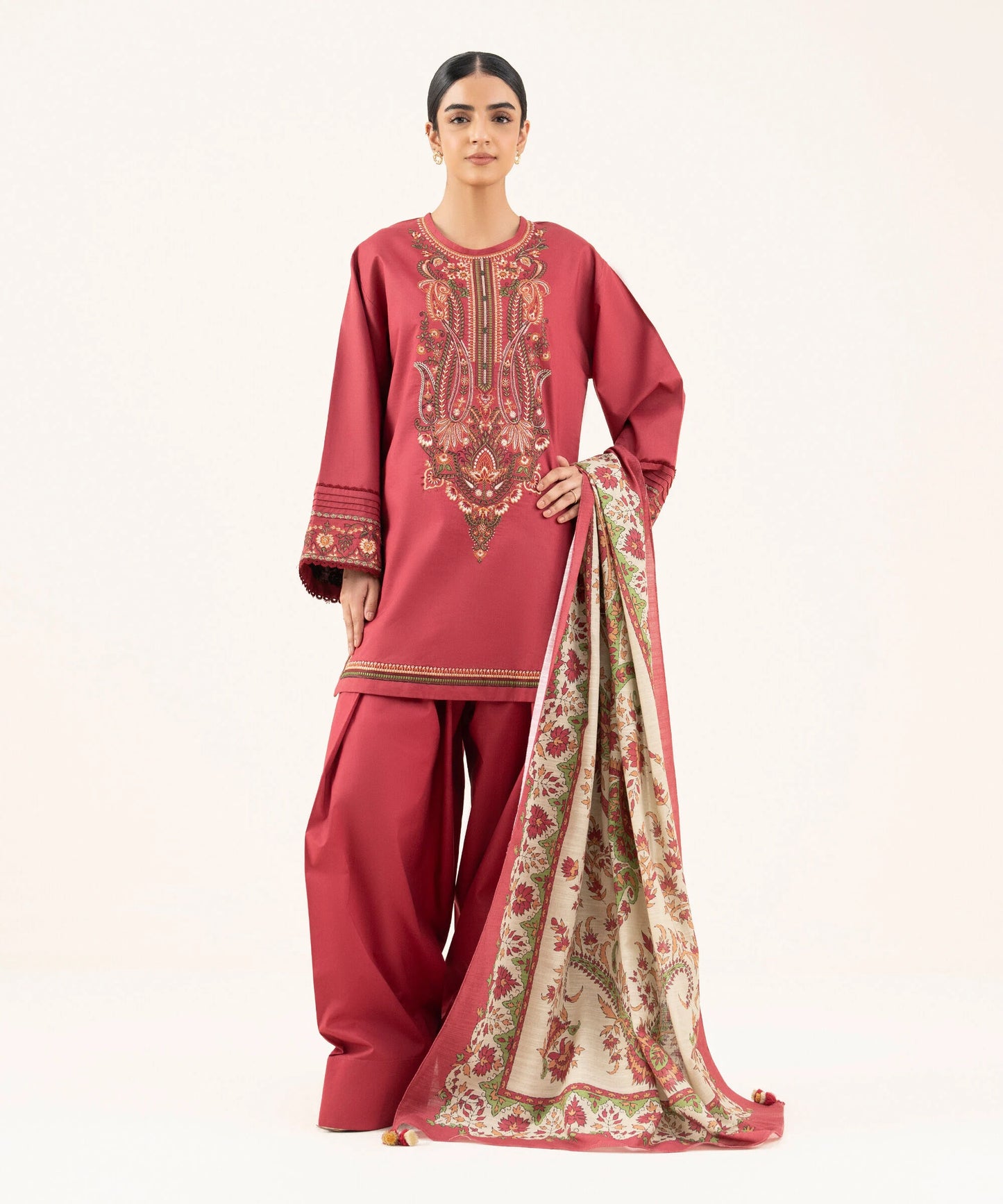 Sapphire Embroidered Cotton Three Piece Suit With Farshi Shalwar SP-CT-RD04