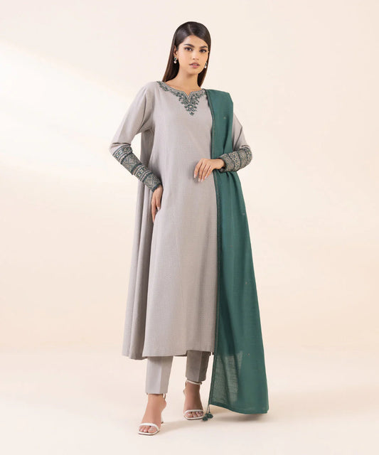 Sapphire Dobby Three Piece Suit With Shawl SP-DB-GRY01