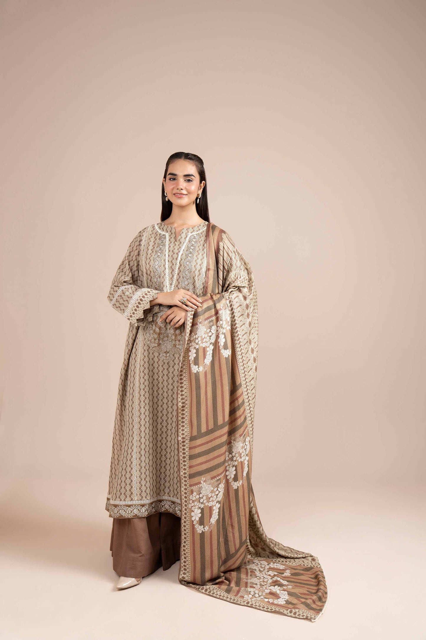 Nishaat Embroided Khaddar Three Piece Suit With Shawl NS-KHD-BR01