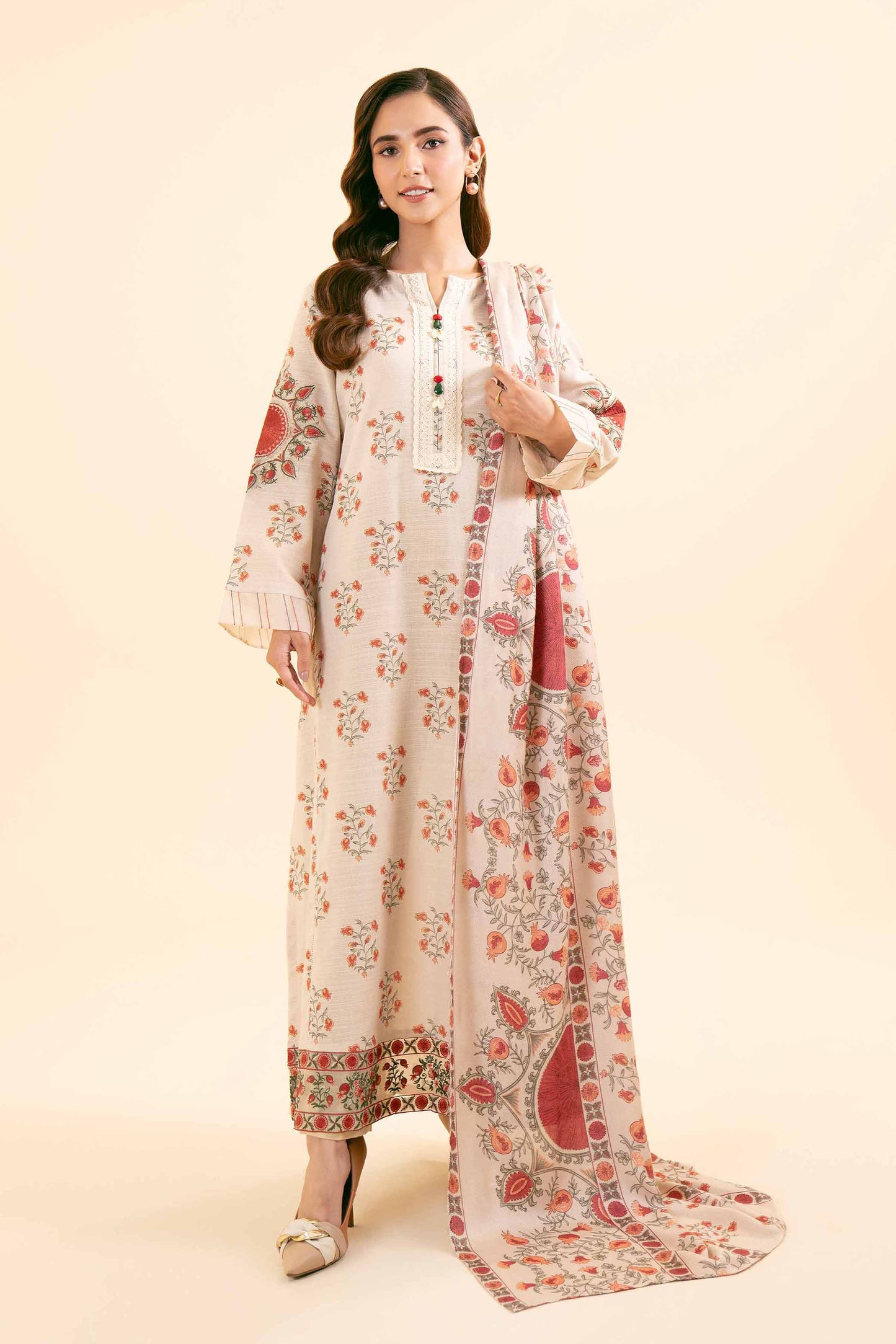 Nishaat Embroided Khaddar Three Piece Suit NS-KHD-WHT03