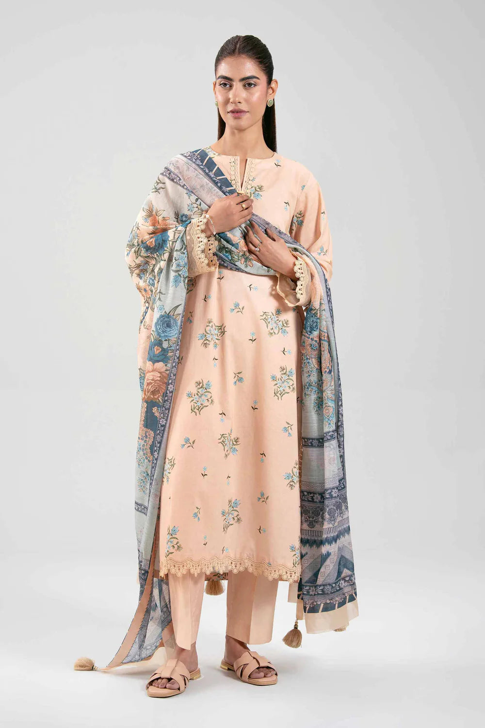 Nishat Printed Cotton Three Piece Suit With Broshia Dupatta NS-CT-PNK01