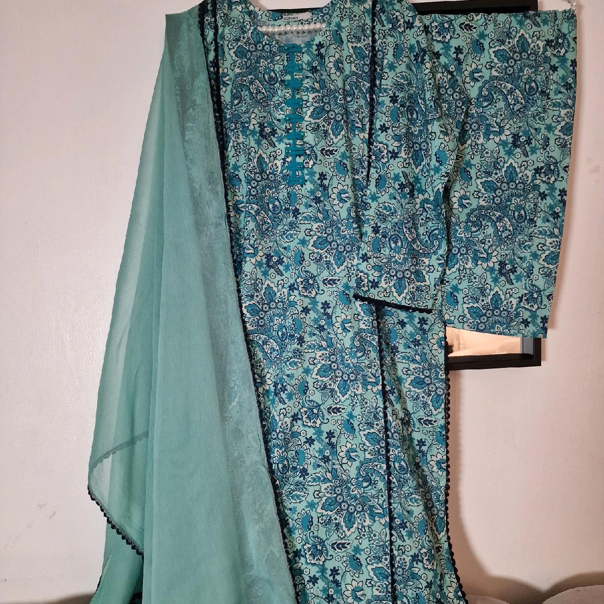 Uznau Lawn Summer Suit Kameez Trouser Dupatta