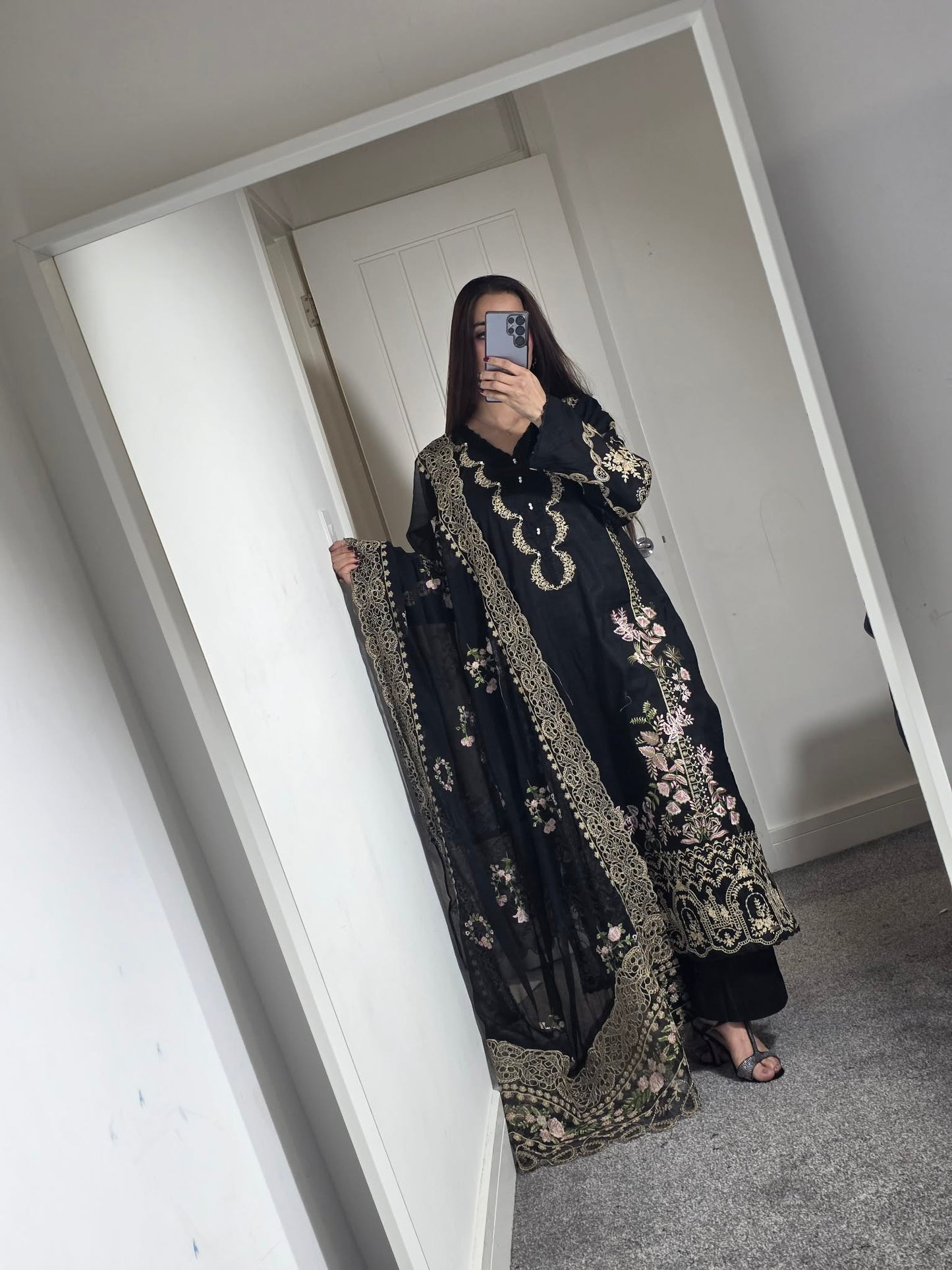 Uznau Embroidered Cotton Three Piece Suit UZ-CT-BLK03