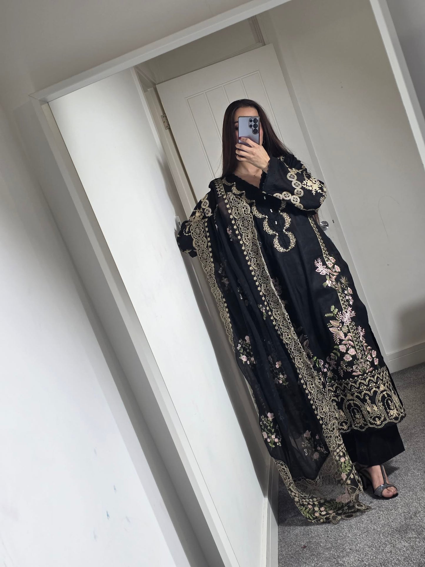 Uznau Embroidered Cotton Three Piece Suit UZ-CT-BLK03