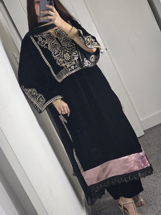 Uznau Embroidered Velvet Three Piece Suit UZ-VL-BLK03