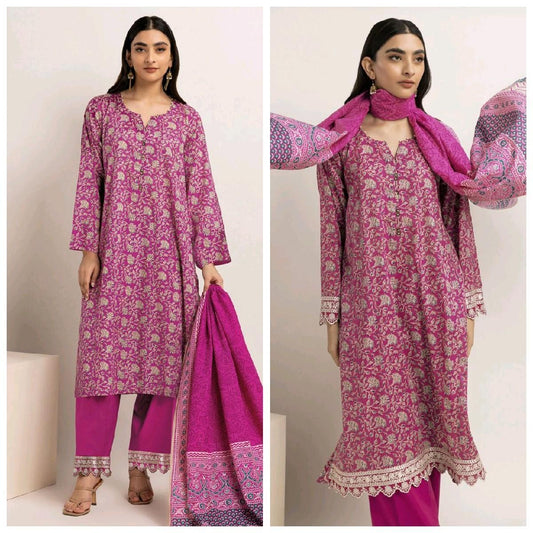 Khaadi Linen Embroided With Organza Dupatta Kameez Trouser Traditional Outfit