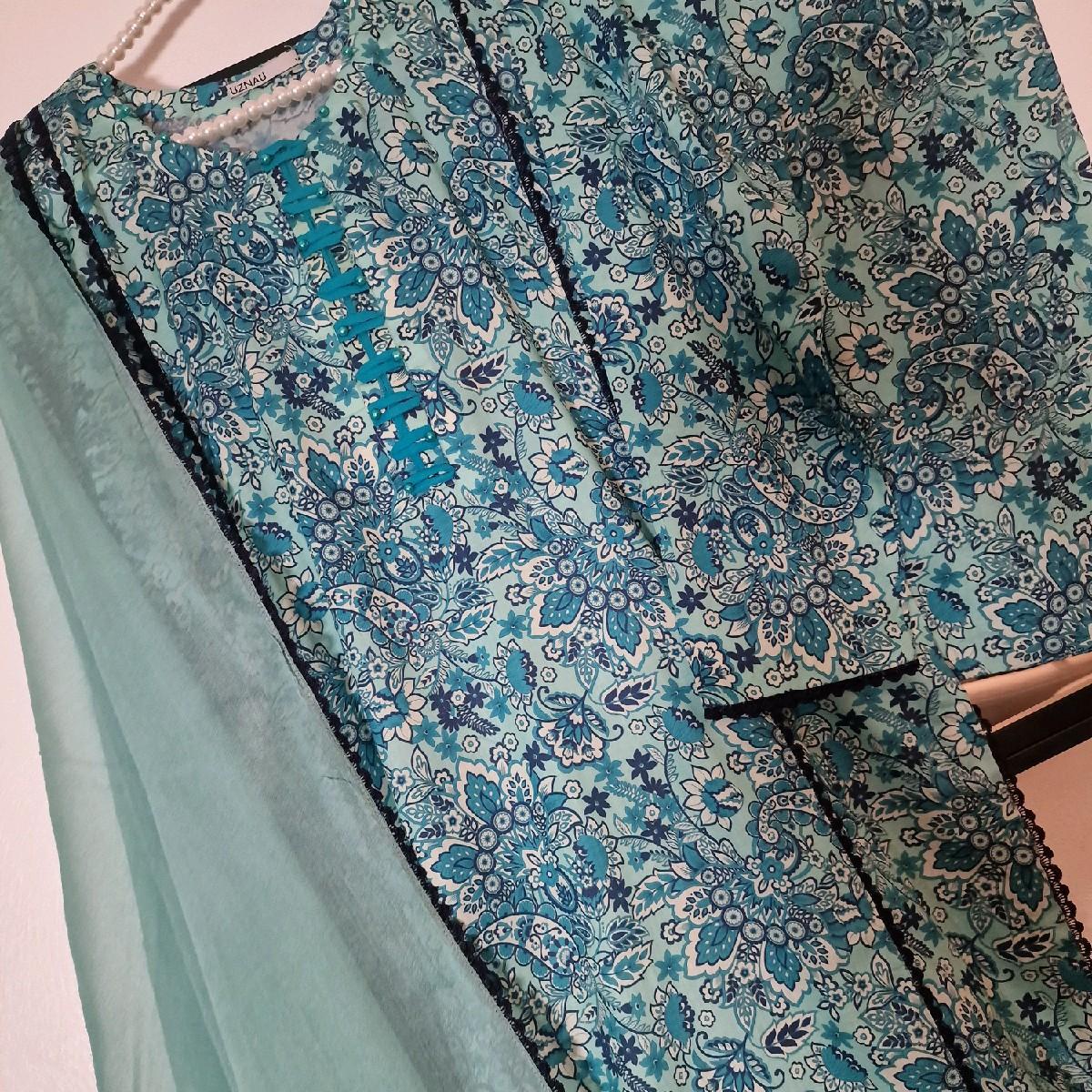 Uznau Lawn Summer Suit Kameez Trouser Dupatta